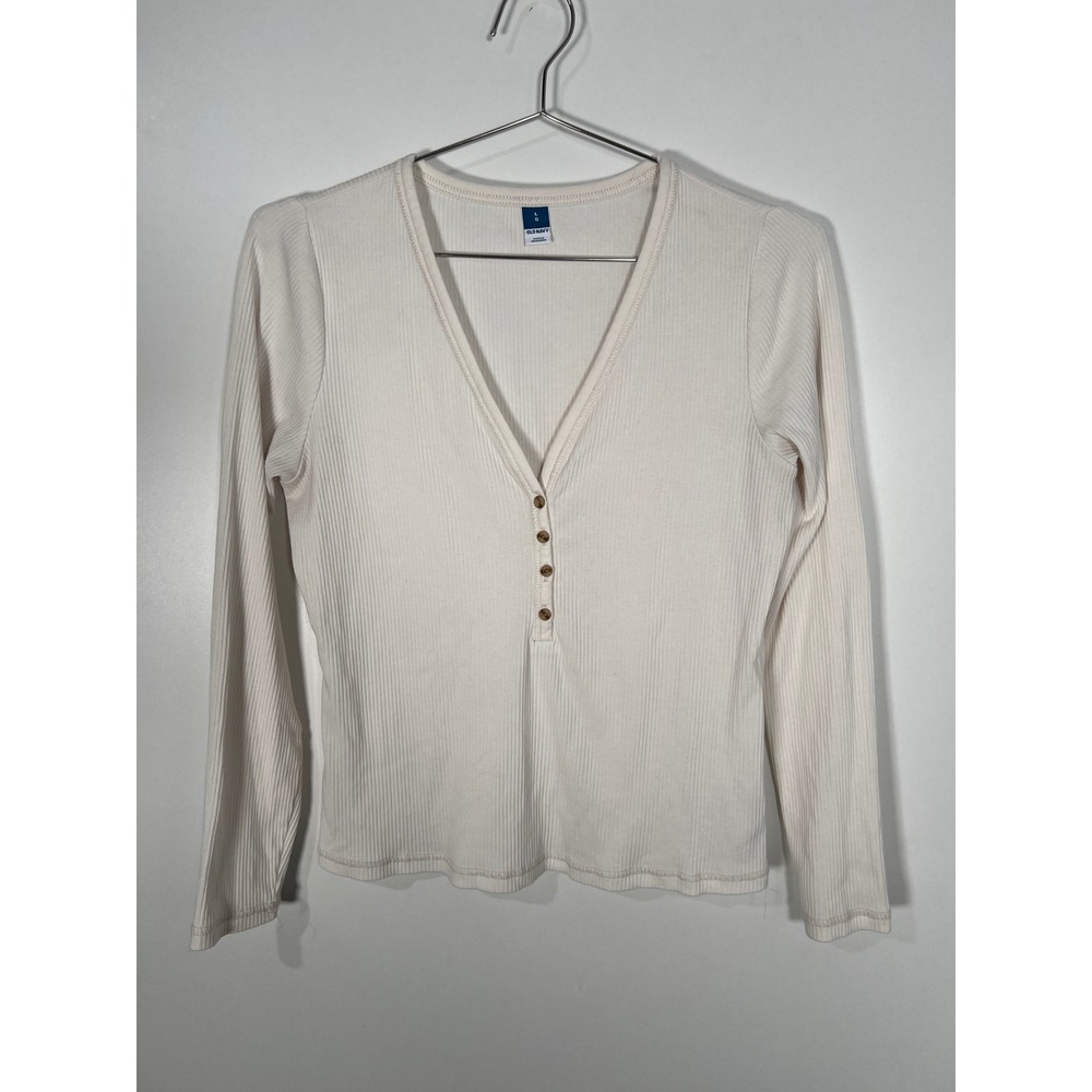 Old Navy Cream Ribbed Henley V-Neck Long Sleeve Top Basic Clean Girl Casual L
